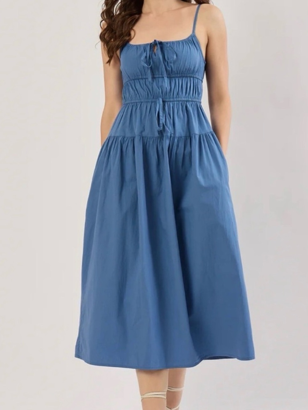 Blue Tiered Midi Dress with Spaghetti Straps